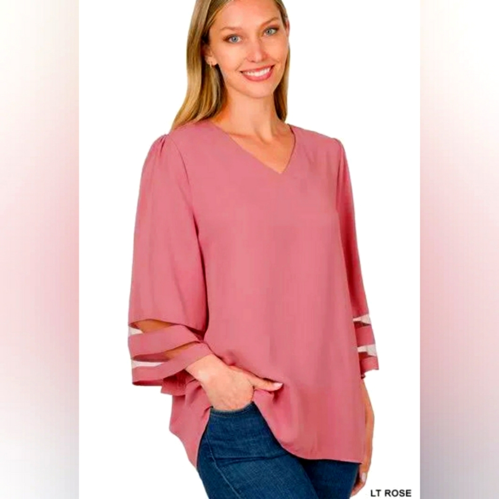 Zenana Three Quarter Sleeve Mesh Panel Top